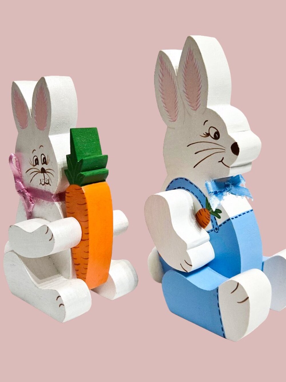 Pair of Hand-crafted wooden Rabbits, Bunny Easter folkart, rustic, farmhouse